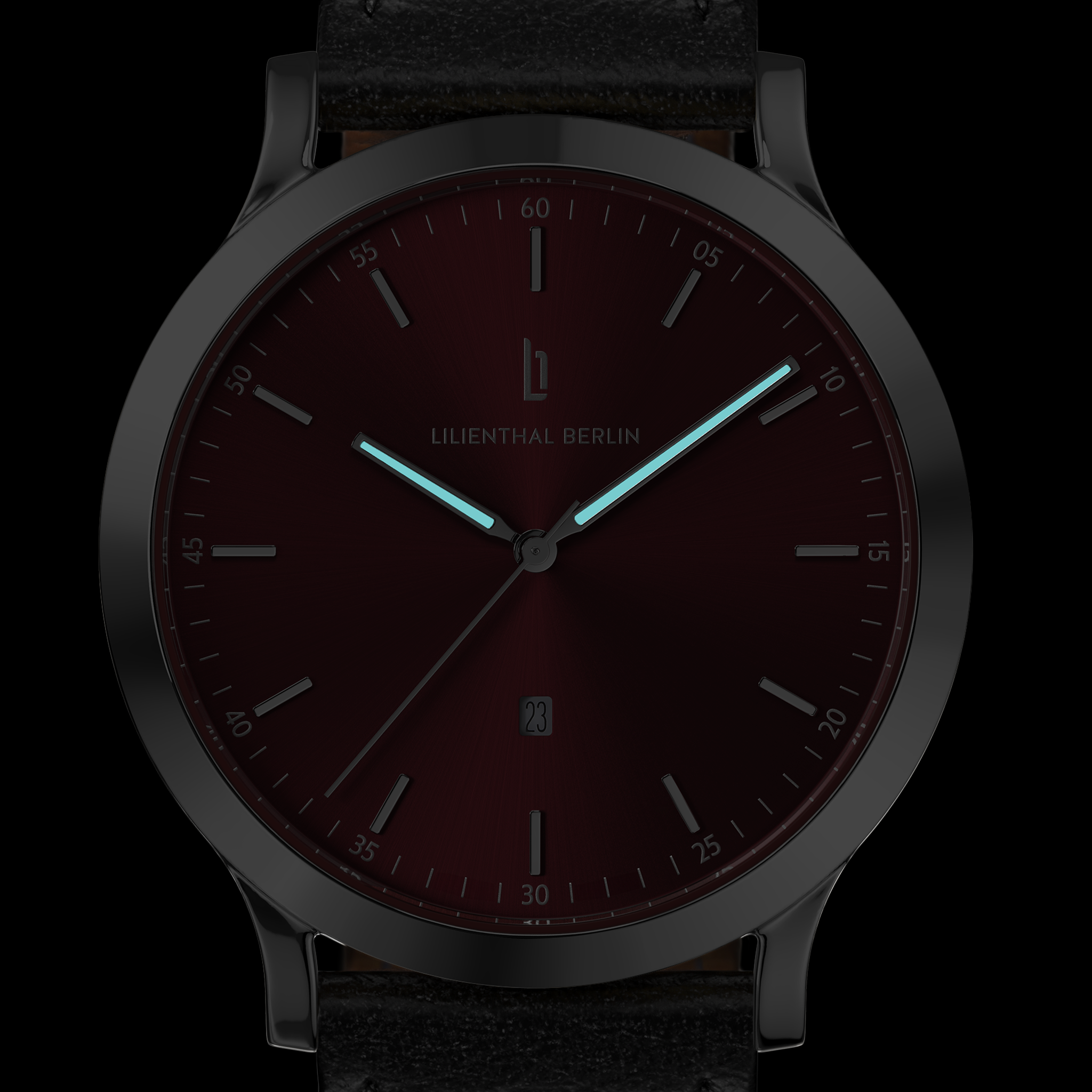 Minimalist analog wristwatch with dark red dial, luminous hands, black leather strap, visible date