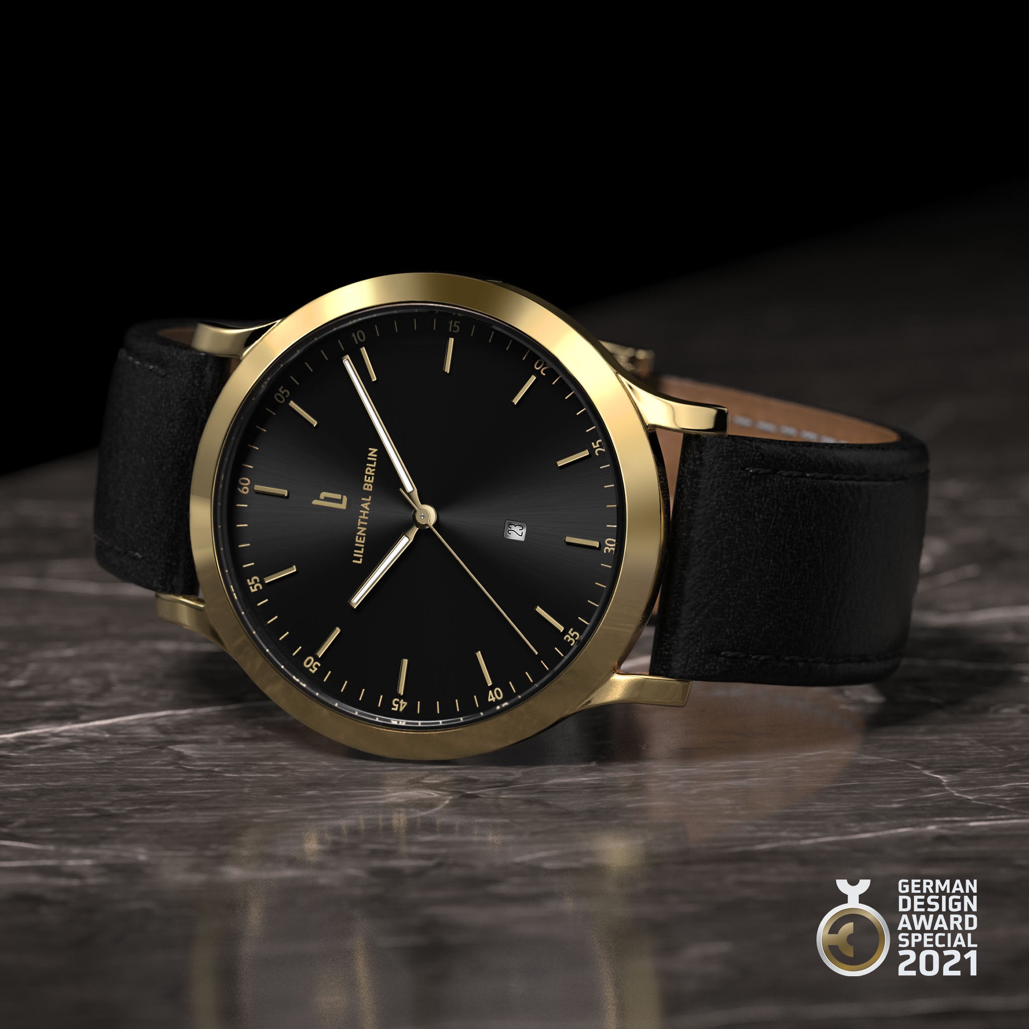 Elegant gold and black minimalist wristwatch with leather strap on marble surface, German Design Award 2021 winner.