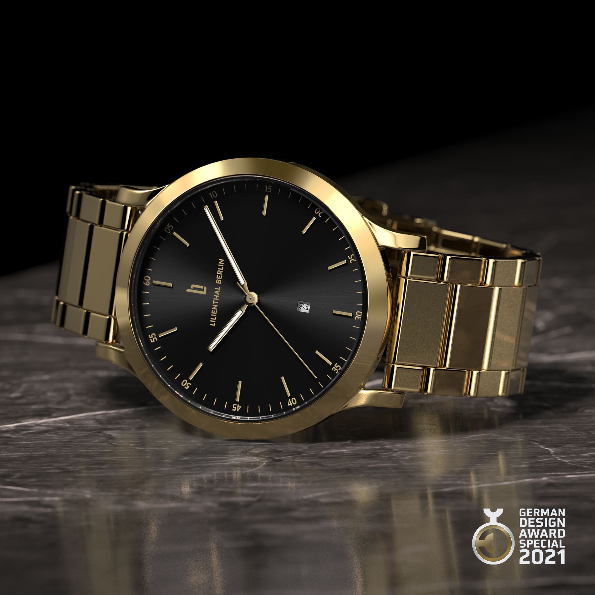 Gold wristwatch with black dial and date display on marble surface, German Design Award 2021