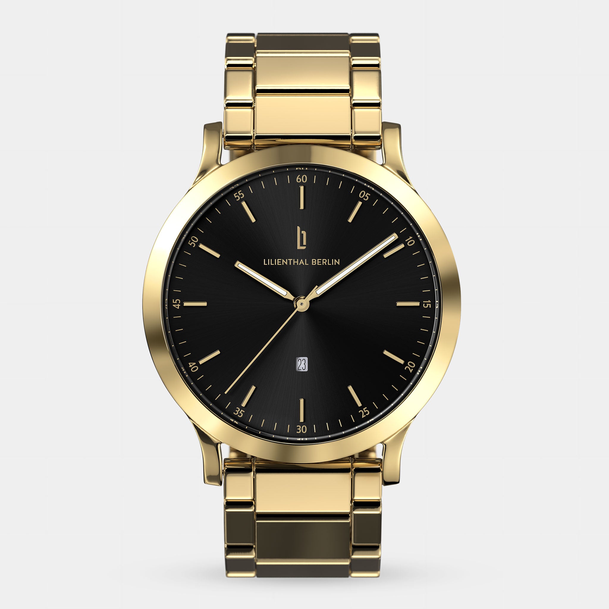 Gold stainless steel watch with black dial and date window, minimal design, men's accessory