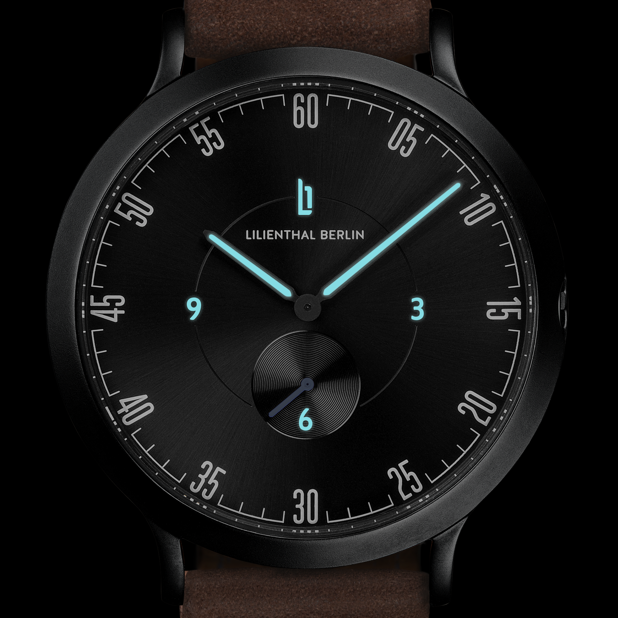 Modern black wristwatch with blue luminous hands, black dial, minimalist design, brown strap