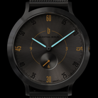 Black minimalist watch face with blue hands, gold numerals, and small seconds subdial