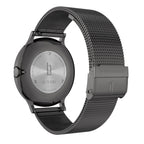 Stainless steel watch case back with mesh strap and engraved clasp, modern minimalist design
